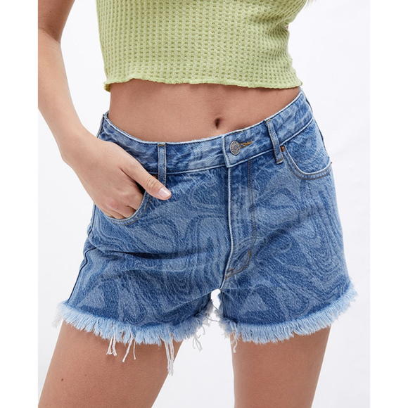 PacSun Eco Swirl Print High Waisted Denim Festival Shorts Sz 23 - Picture 1 of 12